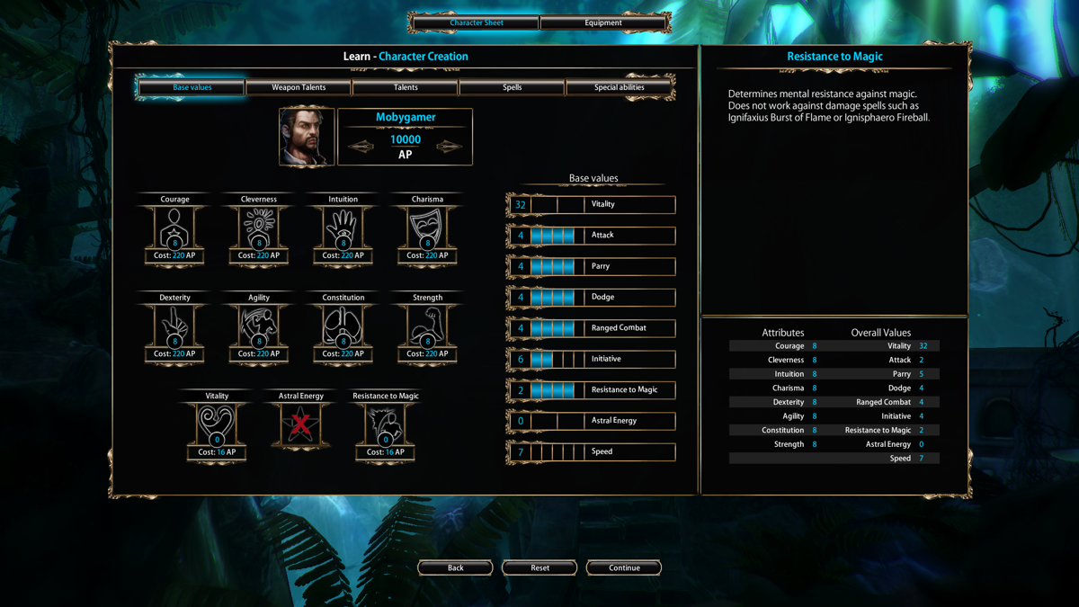 Blackguards (Windows) screenshot: A part of the character sheet (demo version)