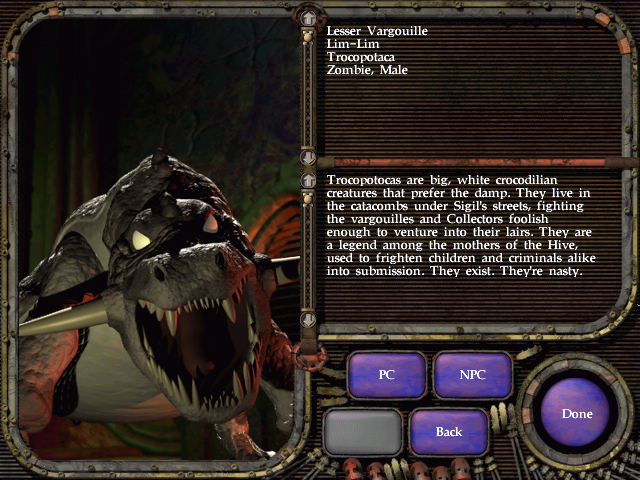 Planescape: Torment (Windows) screenshot: The game contains a beautiful database with all the characters and monsters in them