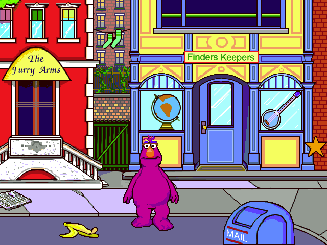 Sesame Street: Letters (Windows) screenshot: This is as far to the right as it is possible to go. There are at least eight hot spots here, not counting the main character