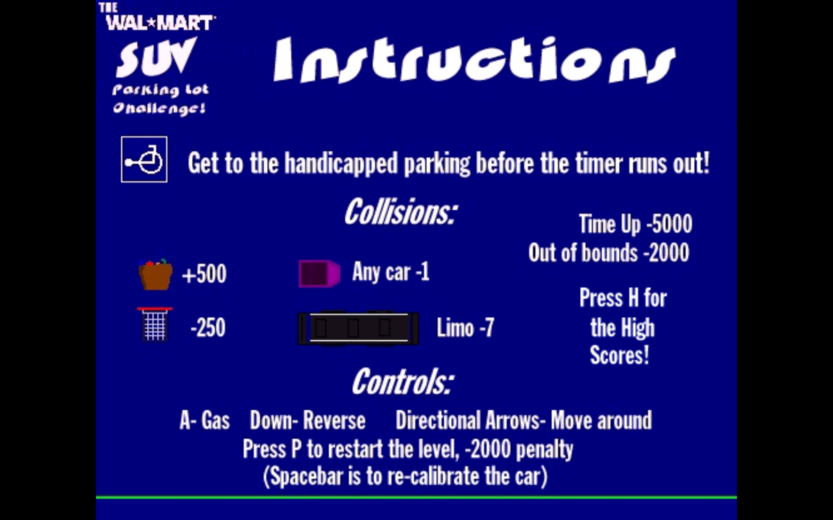The Wal-Mart SUV Parking Lot Challenge! (Windows) screenshot: Instructions