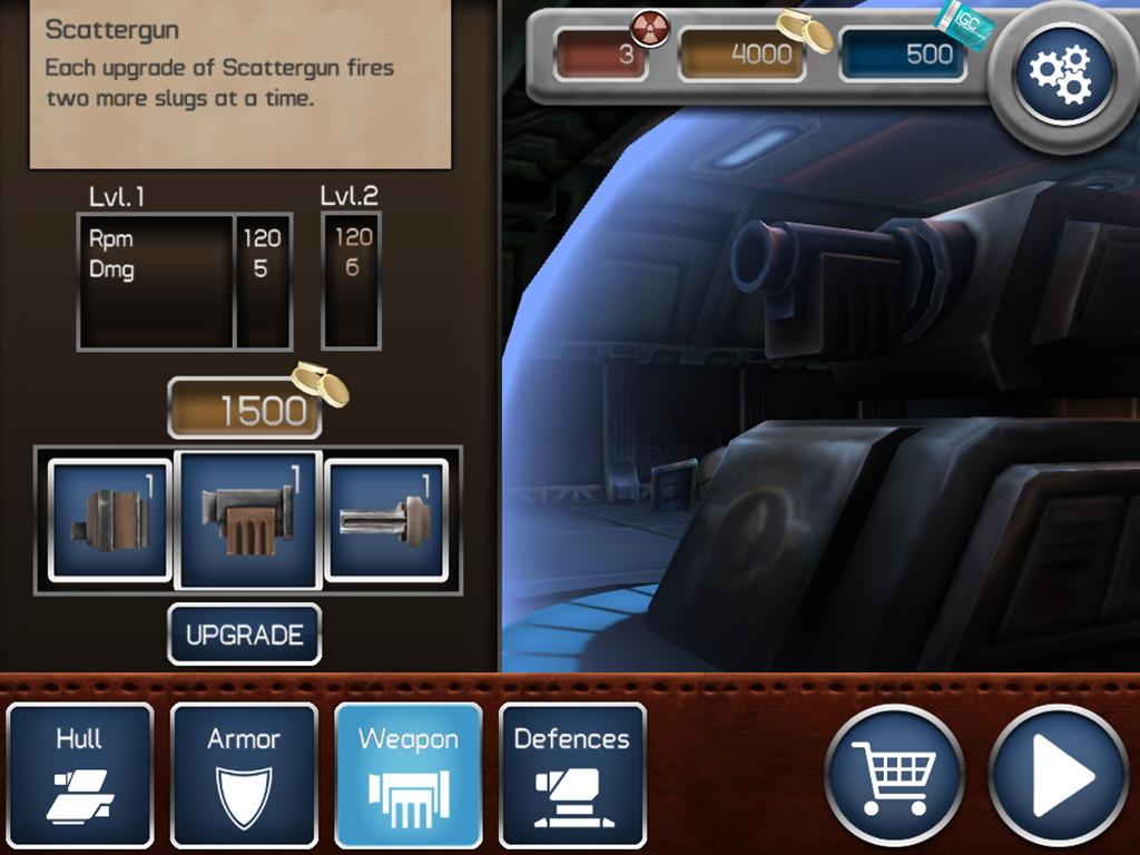 Planetary Guard: Defender (iPad) screenshot: Browsing Weapons in the Hangar