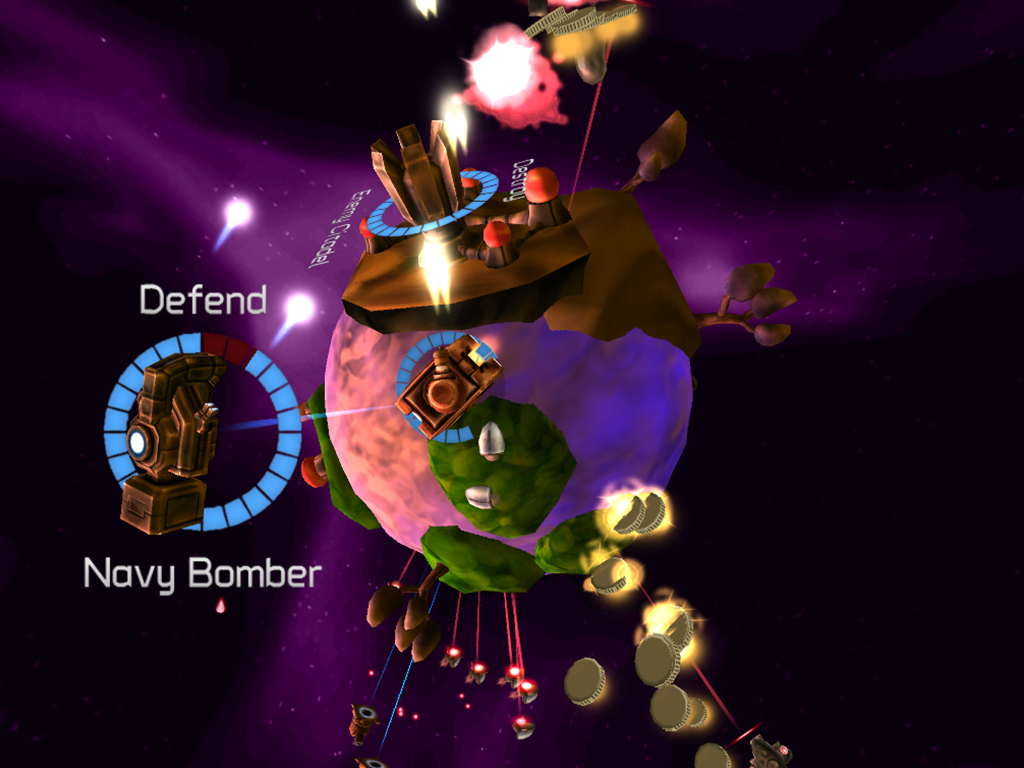 Planetary Guard: Defender (iPad) screenshot: Defending a Navy Bomber going to bomb the enemy citadel