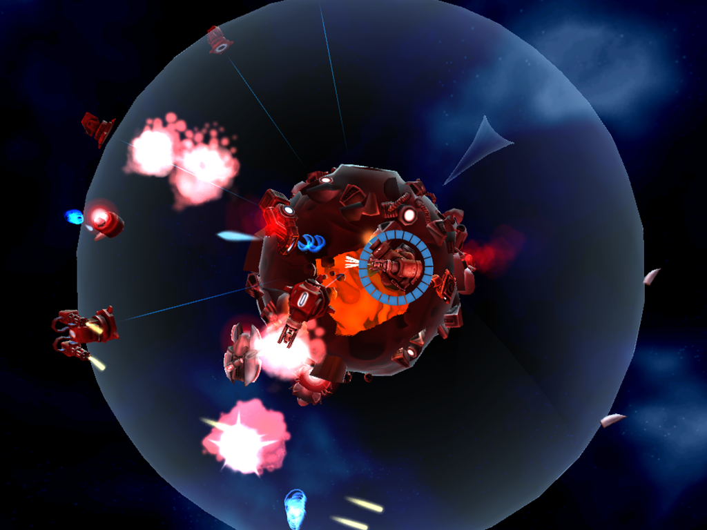 Planetary Guard: Defender (iPad) screenshot: Defenses and Player destroying enemies
