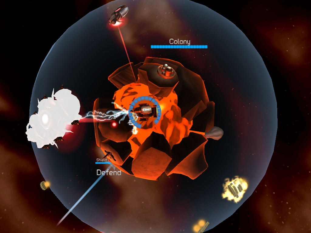 Planetary Guard: Defender (iPad) screenshot: Tesla Gun frying an enemy frigate