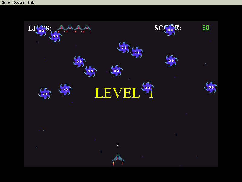 Galagatron (Windows) screenshot: Level One. The arrow keys move the ship and the space bar fires.
