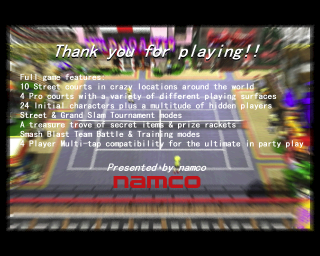 Anna Kournikova's Smash Court Tennis (PlayStation) screenshot: The end of game screen from the demo version highlights the features to be expected in the full game