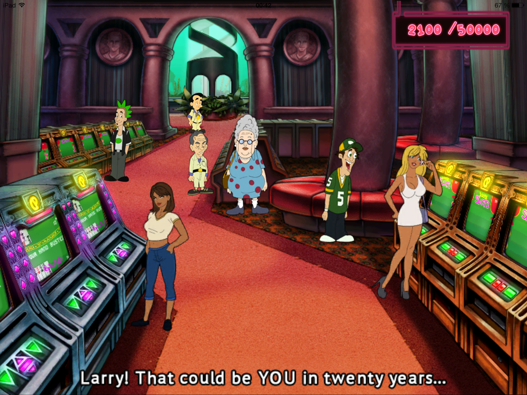 Leisure Suit Larry: Reloaded (iPad) screenshot: Larry meets his older self.
