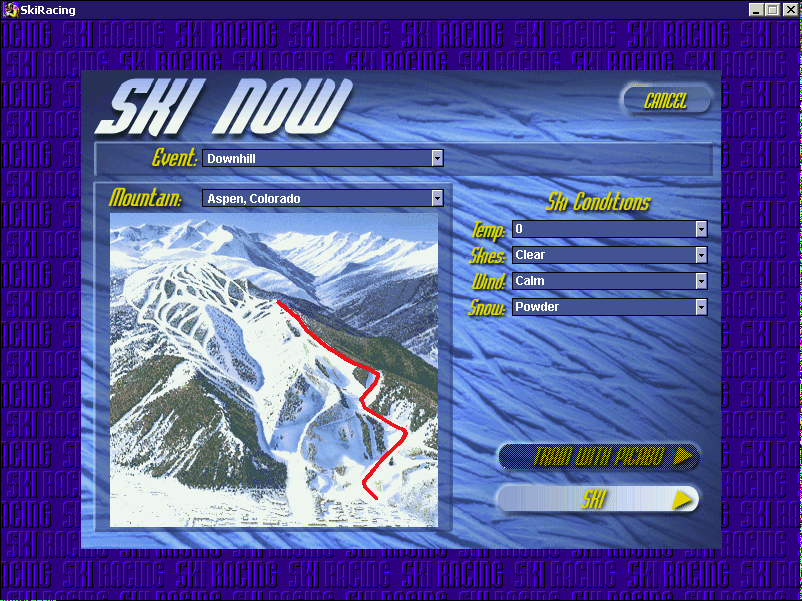 Front Page Sports: Ski Racing (Windows) screenshot: Preparing to ski. In the demo version there is only one course available