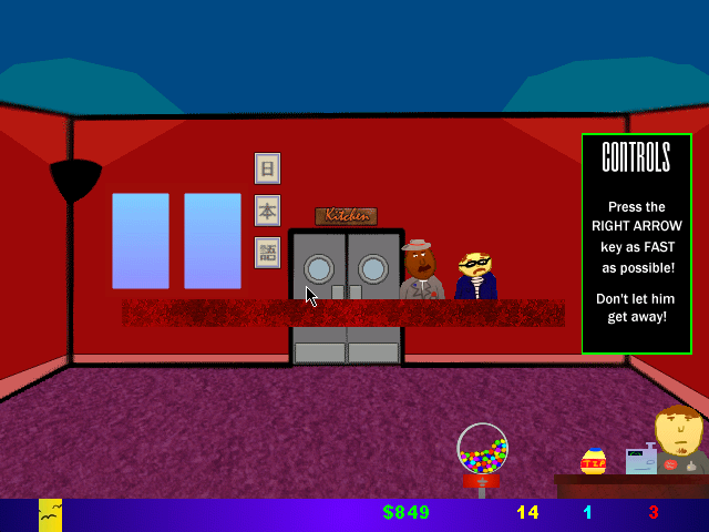 Ore no Ryomi 2: The Restaurant (Windows) screenshot: Chasing a robber. It takes a lot of time, but grants a 100$ bonus.