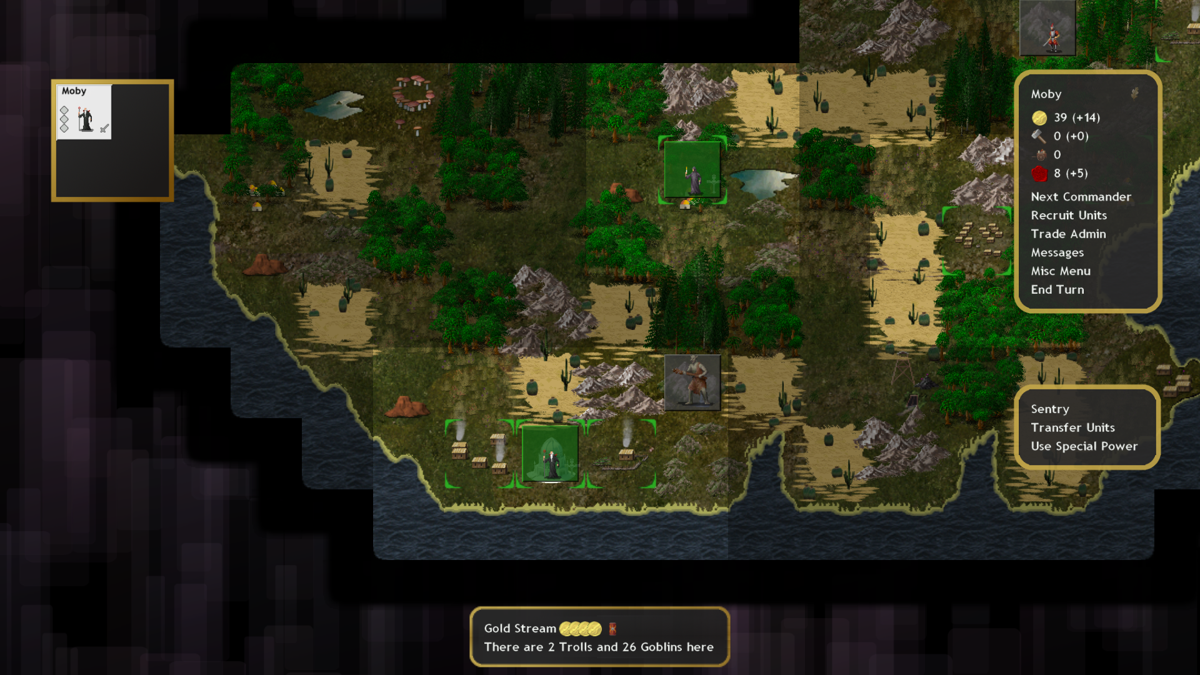 Conquest of Elysium 3 (Windows) screenshot: Map screen. The demonologst hero is eying a gold mine guarded by trolls and goblins.