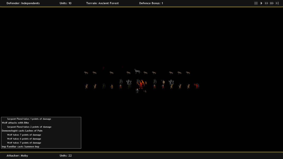 Conquest of Elysium 3 (Windows) screenshot: Demons fighting a pack of wolves led by a dire wolf. There is no tactical combat in this game - instead all units attack randomly.