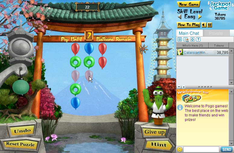 Pop Fu (Browser) screenshot: Small number of balloons compared to the original Poppit.