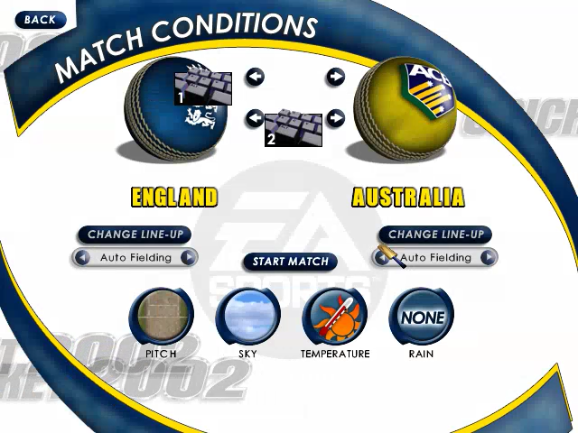 Cricket 2002 (Windows) screenshot: Quick match - select teams and conditions