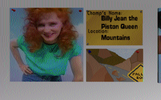 Backroad Racers (DOS) screenshot: Billy Jean the Piston Queen, one of four racing champs you compete against.