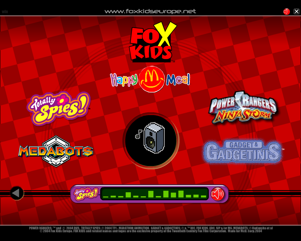 Gadget & the Gadgetinis (Windows) screenshot: The sound control menu, with some advertising logos from other games in the McDonalds Happy Meal series.