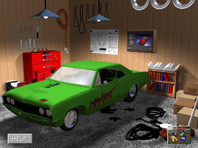 Backroad Racers (DOS) screenshot: The garage view where you can inspect the car model.