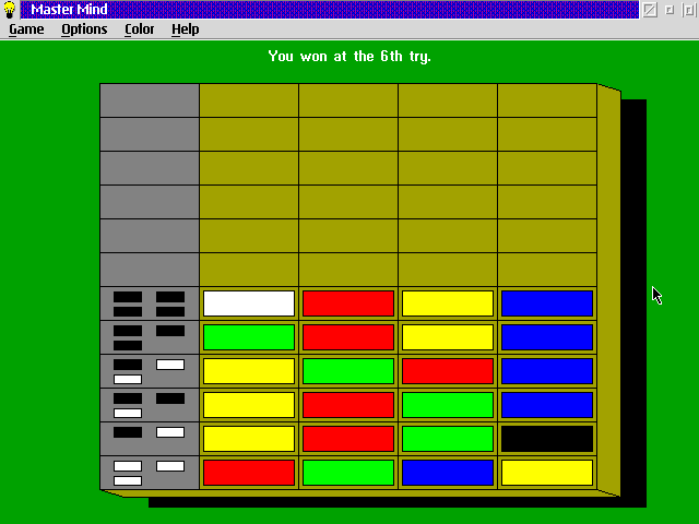 Master Mind (OS/2) screenshot: A series of guesses, in the four columns on the right, yield clues in the first column on the left. By studying these clues, it was possible to make the final (top) guess, which was correct.