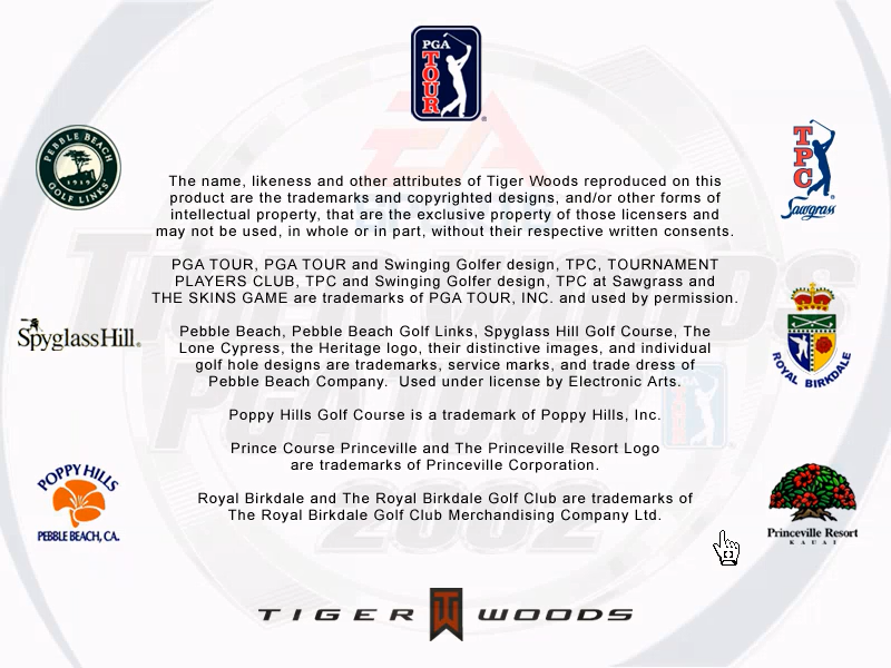 Tiger Woods PGA Tour 2002 (Windows) screenshot: Legal screen