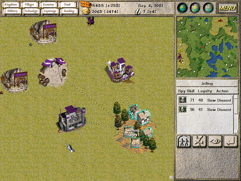 Seven Kingdoms: Ancient Adversaries (Windows) screenshot: Planting spies of corresponding nationalities into the village should reduce its resistance to the player's rule.