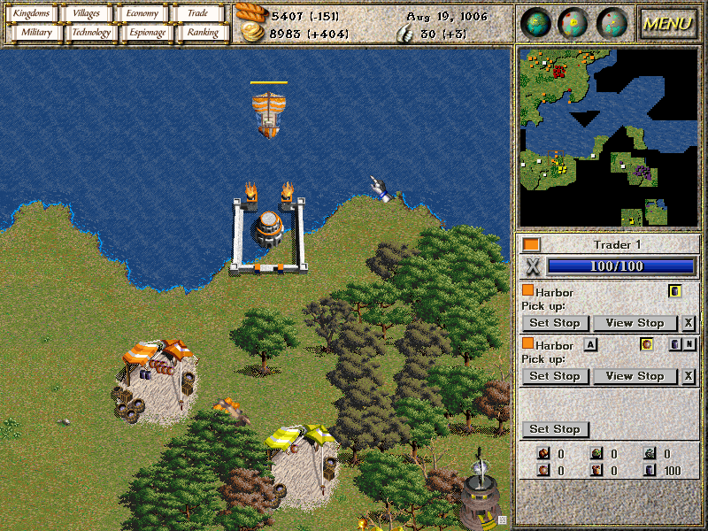 Seven Kingdoms: Ancient Adversaries (Windows) screenshot: After you build a harbour and a market linked to a village on another coast you can engage in trade with overseas nations.