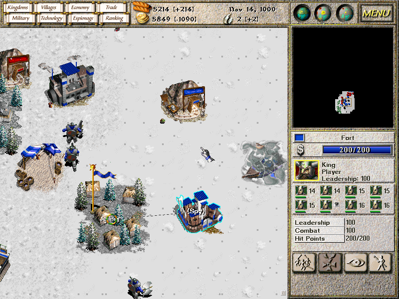 Seven Kingdoms: Ancient Adversaries (Windows) screenshot: In this snow terrain scenario, battling Fryhtans is the primary objective. The player starts with a Viking village.