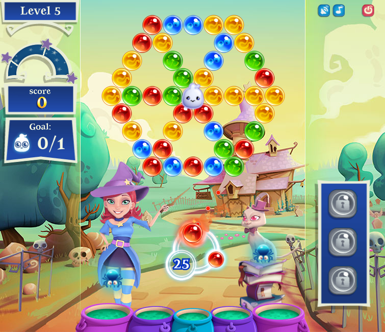 Bubble Witch 2 Saga (Browser) screenshot: Level 5 is another 'free the ghost' level.