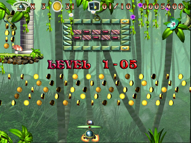 Brickquest (Windows) screenshot: Level 1-05. Lots of coins.