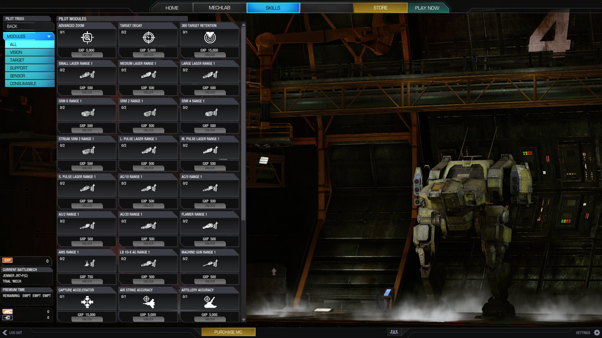 MechWarrior Online (Windows) screenshot: Personal upgrades can be unlocked with experience points