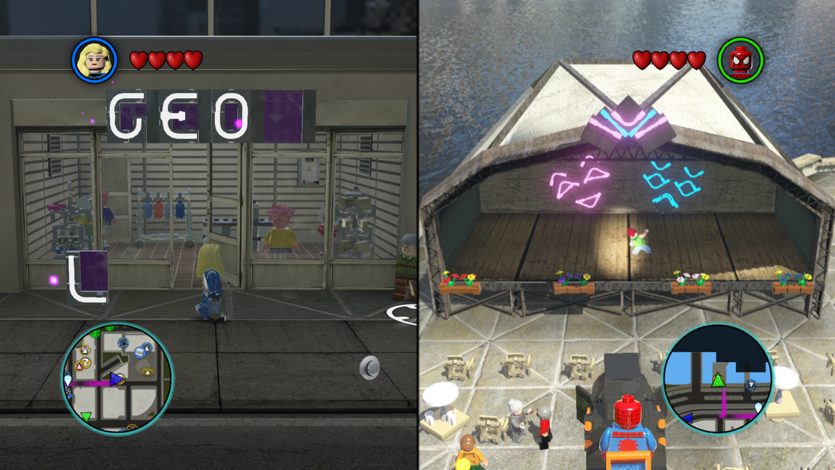 LEGO Marvel Super Heroes (Windows) screenshot: Player 1 is trying to spell the correct word (no-brainer here) while Player 2 is keeping the dancer in the spotlight (all for gold bricks or character studs - no less!)