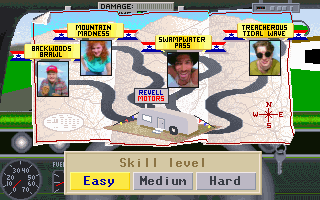 Backroad Racers (DOS) screenshot: Pick which race to do and the skill level.