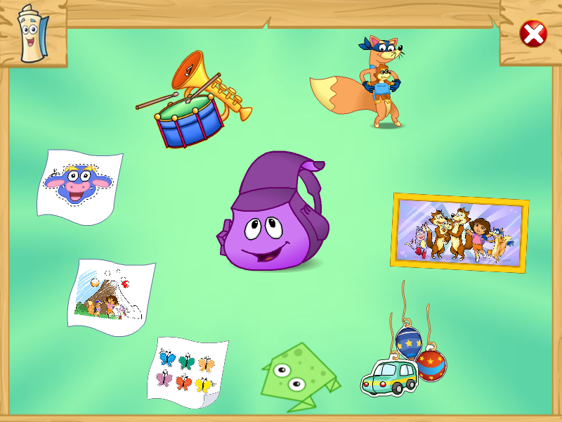 Dora the Explorer: Swiper's Big Adventure (Windows) screenshot: Backpack holds all the items and mini-games we've collected