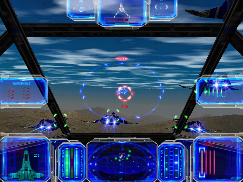 Star Wraith 3: Shadows of Orion (Windows) screenshot: Engaging Federation fighters in formation with your wingmen.