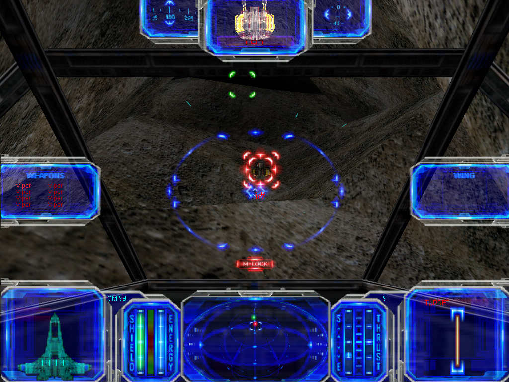 Star Wraith 3: Shadows of Orion (Windows) screenshot: The campaign starts with the player escaping a planet besieged by the Federation through an asteroid cave filled with gun emplacements.