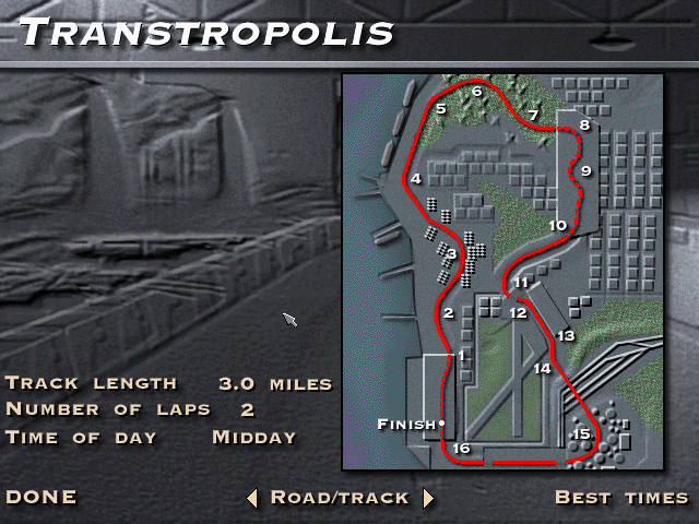 The Need for Speed: Special Edition (DOS) screenshot: SE special track: Transtropolis. Track layout.