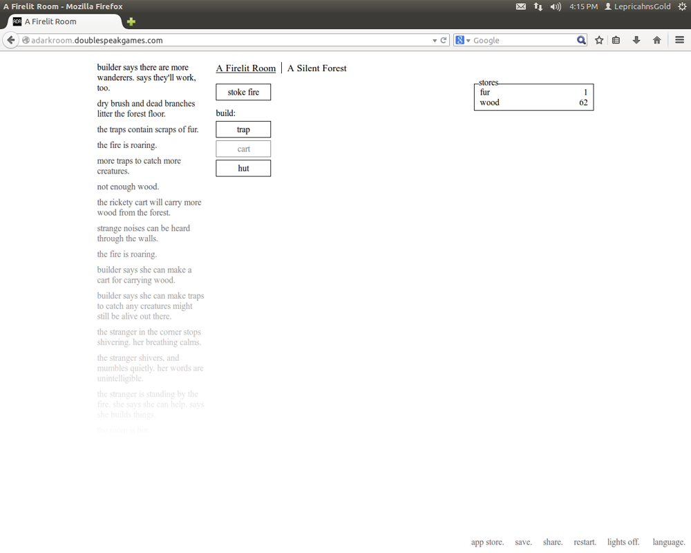 Screenshot of A Dark Room (Browser, 2013) MobyGames