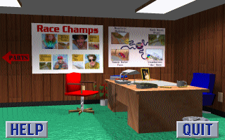 Backroad Racers (DOS) screenshot: The sales trailer, where you pick what race to try.