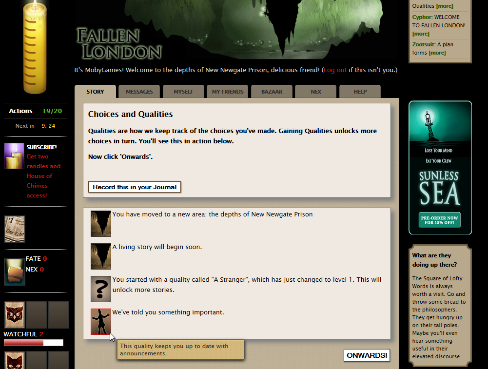 Screenshot of Fallen London (Browser, 2009) MobyGames