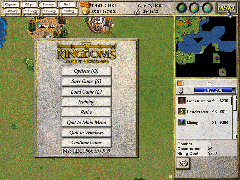 Seven Kingdoms: Ancient Adversaries (Windows) screenshot: In-game menu. Notice that the map ID shown at the bottom. This ID is a seed number from which the same map can be generated again if the player so desires.