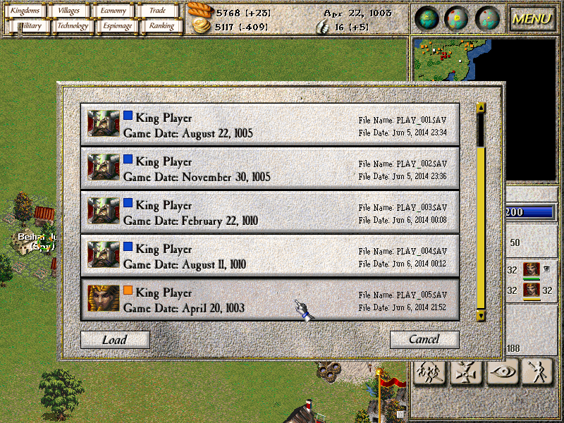 Seven Kingdoms: Ancient Adversaries (Windows) screenshot: The load game menu. Each saved game displays the portrait of the ruling king, as well as the in-game date at which the save was made.