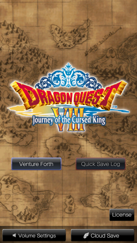 Dragon Quest VIII: Journey of the Cursed King (iPhone) screenshot: The title screen. This version includes Quick Save and backing up of save files to iCloud.