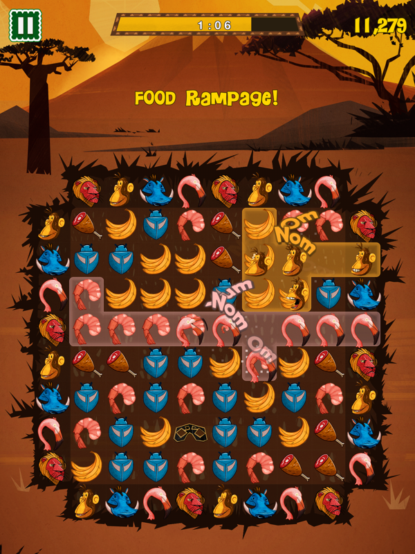 Feeding Time (iPhone) screenshot: There are three levels included in the game, including the Safari (pictured), Backyard and Tundra.