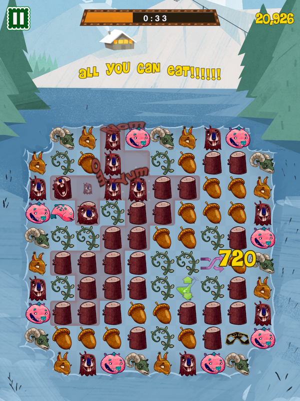 Feeding Time (iPhone) screenshot: Bigger combos earn you more points, which you use to unlock new levels and badges.