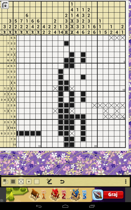 Nonograms Katana (Android) screenshot: For even easier solving, we can choose the offscreen clues to appear at the side of a zoomed in puzzle. Also, note the changed background.