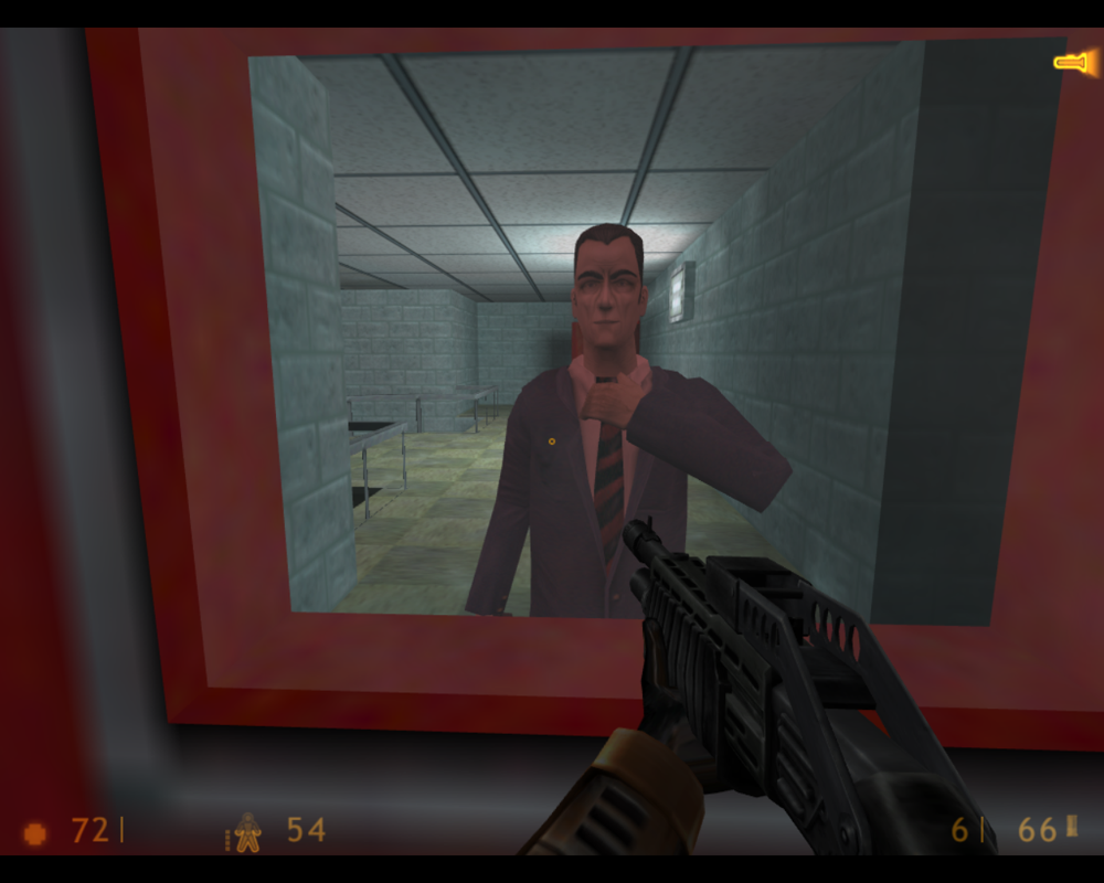 Half-Life (Linux) screenshot: A close-up of the G-Man, adjusting his tie.