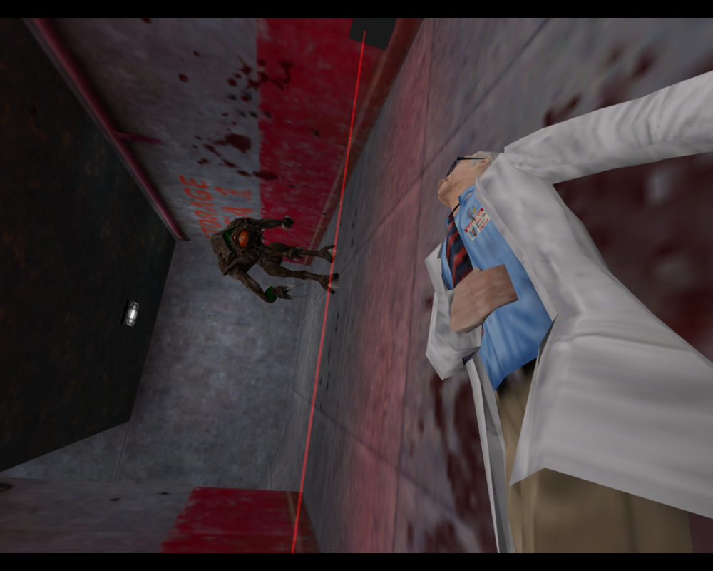 Half-Life (Linux) screenshot: I was killed by a Vortigaunt. I think this scientist was killed by gunfire.