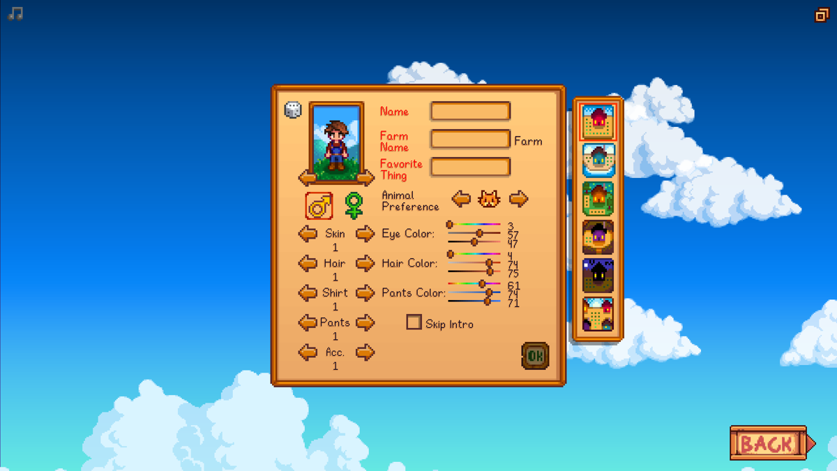 Stardew Valley (Windows) screenshot: Character creation