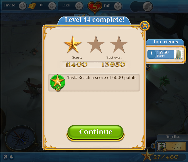 Pyramid Solitaire Saga (Browser) screenshot: Level 14 completed! (Personal pictures blurred for privacy)