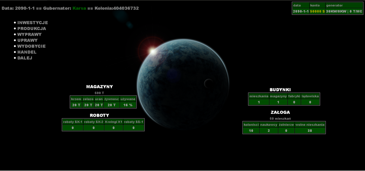 Kolony online (Browser) screenshot: Main game screen