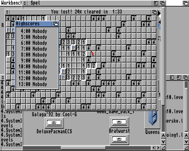 <small>AMines (Amiga) screenshot:</small><br> Hit a mine
