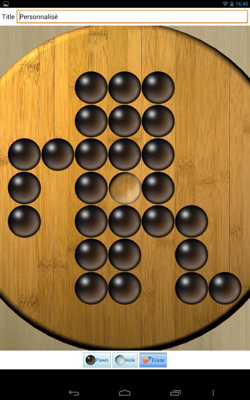 Peg Solitaire (Android) screenshot: Constructing my own board in the editor.